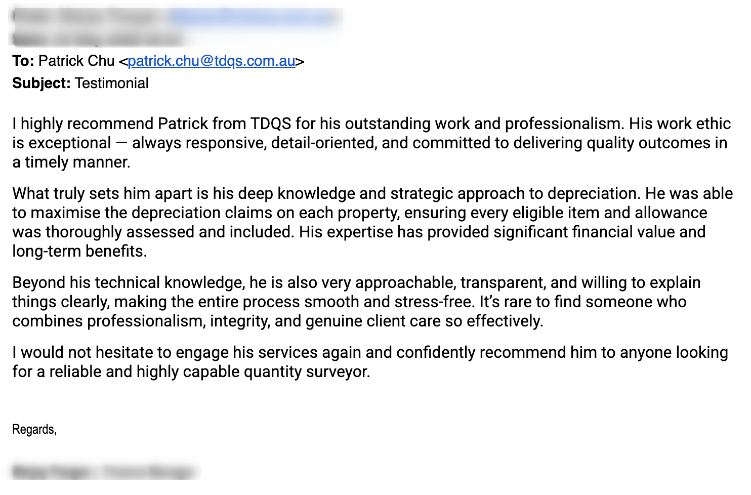 Email testimonial recommending Patrick from TDQS