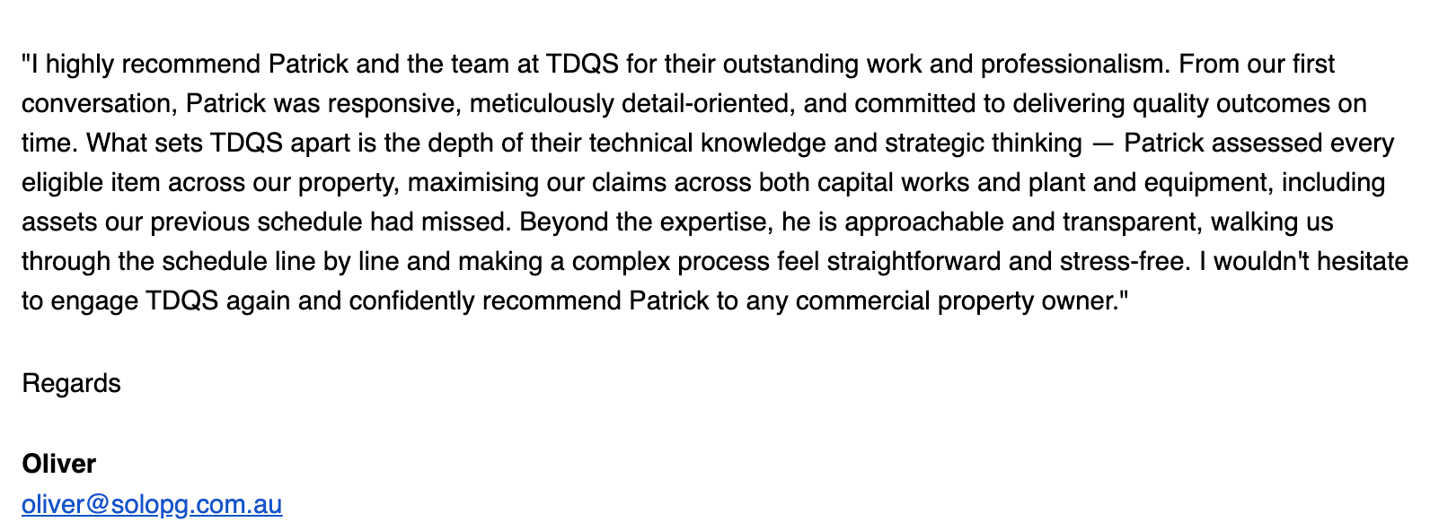 Email testimonial from Oliver recommending Patrick from TDQS