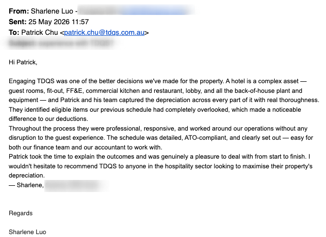 Email testimonial from Sharlene Luo recommending Patrick from TDQS