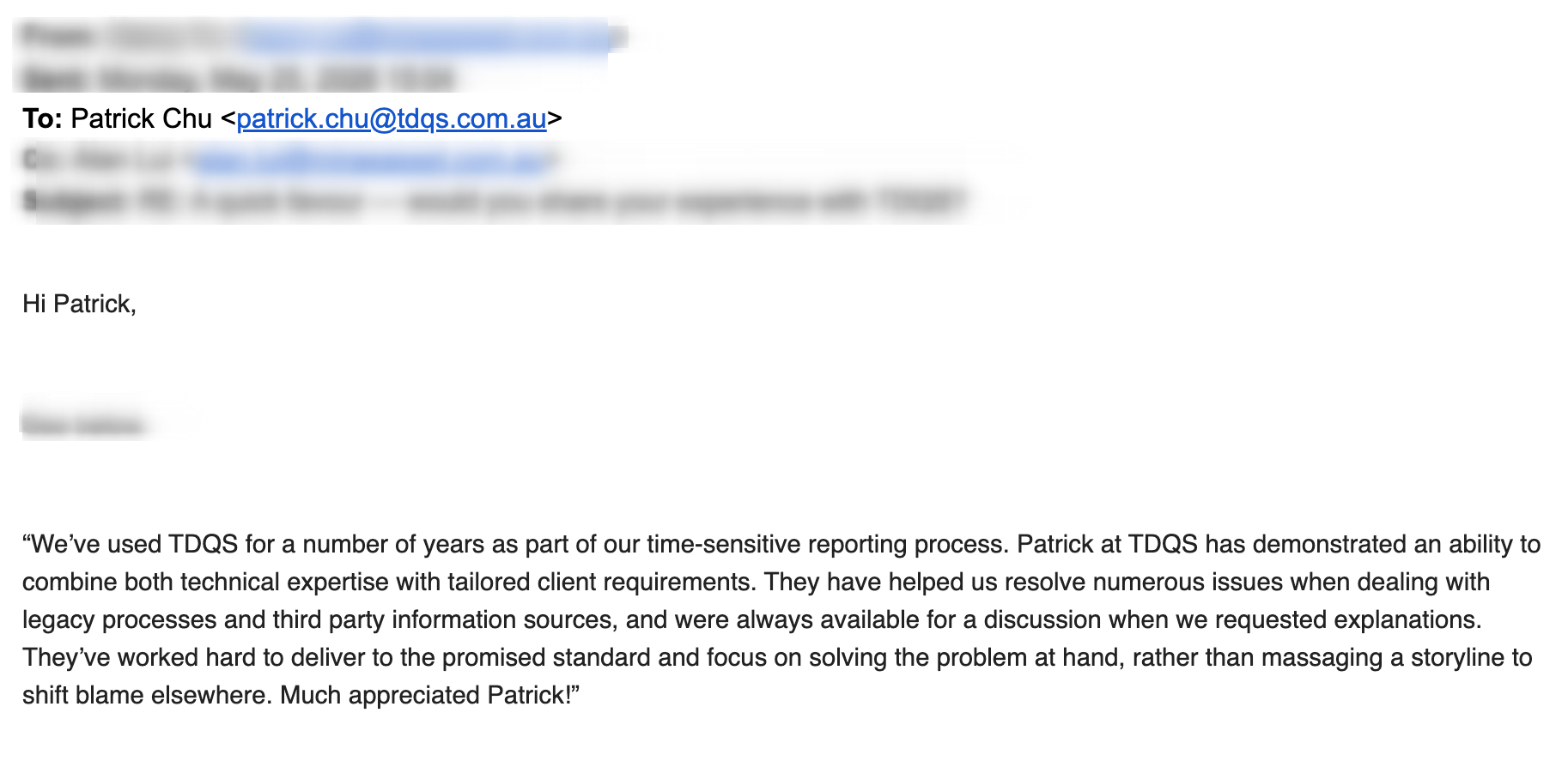 Email testimonial praising Patrick at TDQS for technical expertise and tailored client service