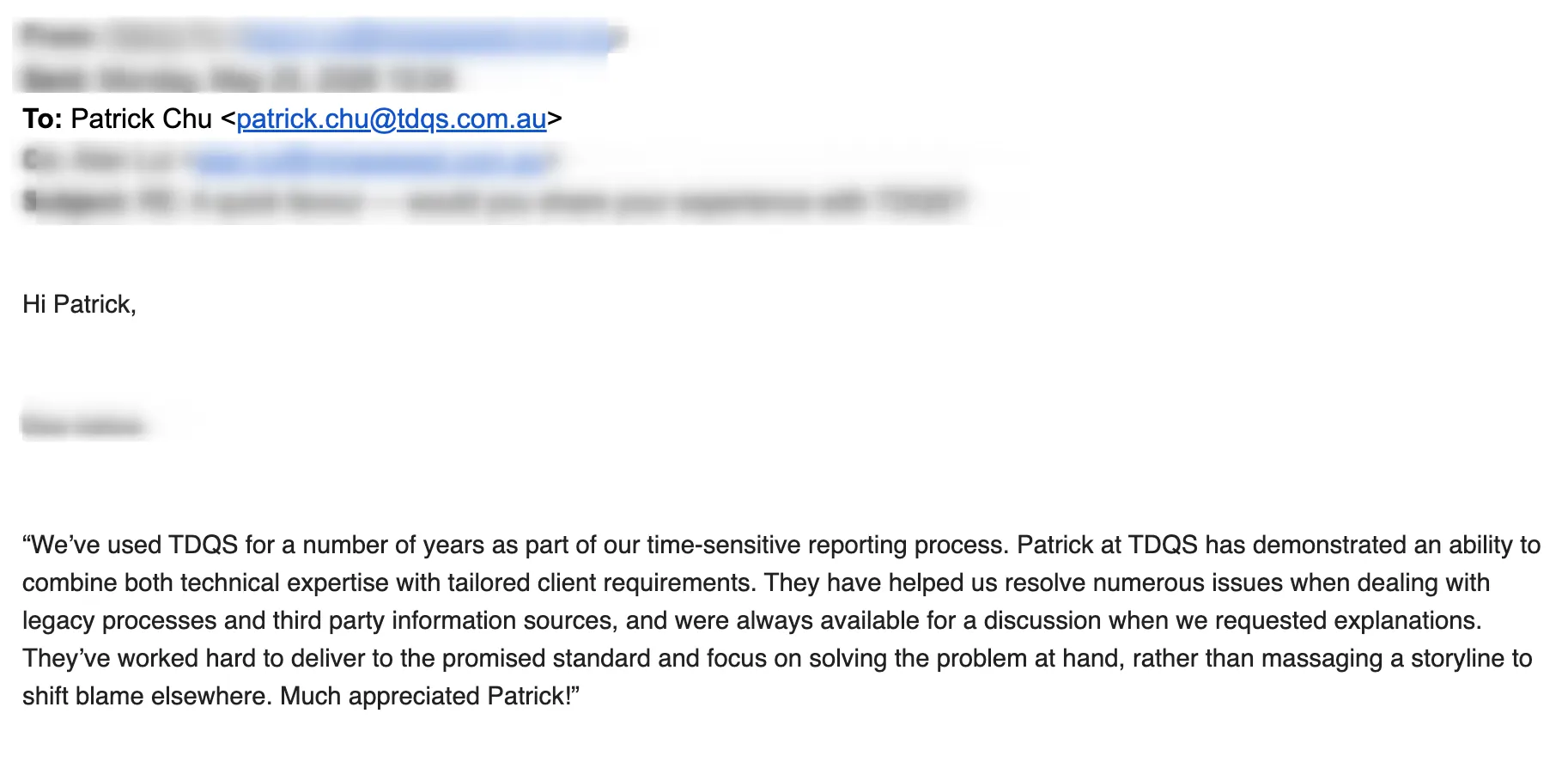 Email testimonial praising Patrick at TDQS for technical expertise and tailored client service