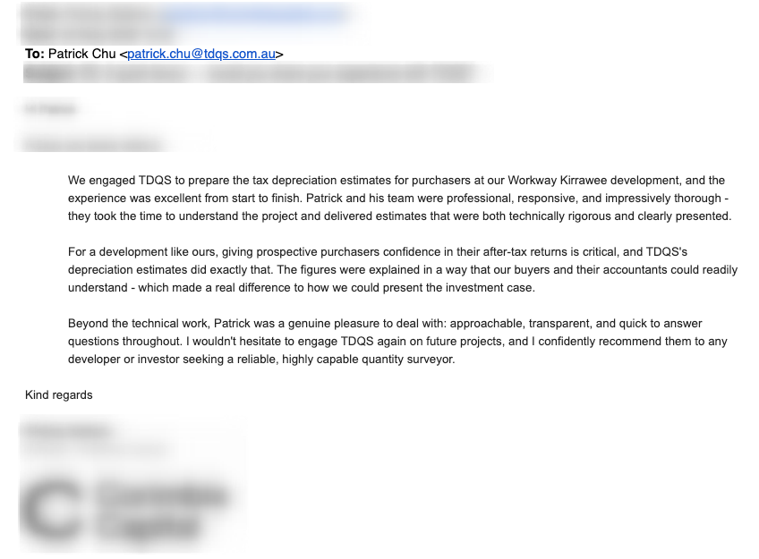 Email testimonial from a property developer praising TDQS depreciation estimates